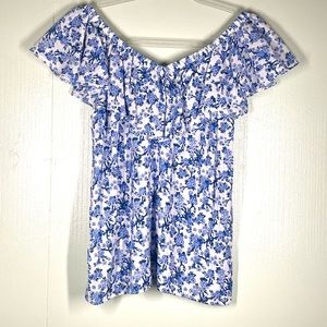Rebecca Taylor Blue and white Floral V-neck Ruffle short sleeve Top Sz 2